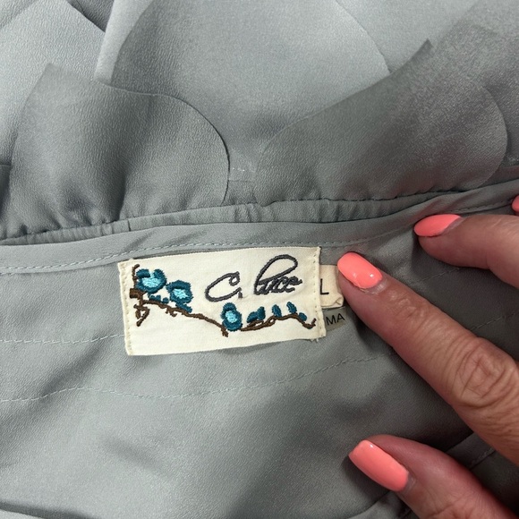 C. Luce One Shoulder Gray/Silver Scalloped Leaf Detail Cocktail Dress Size L - Picture 7 of 10